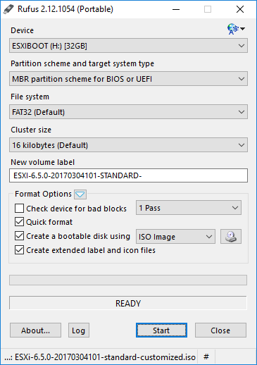 Rufus dialog to create ESXi boot stick from ISO